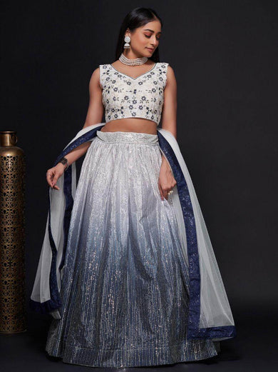 Dazzle Navy-Blue & White Sequins Work Georgette Reception Lehenga Choli